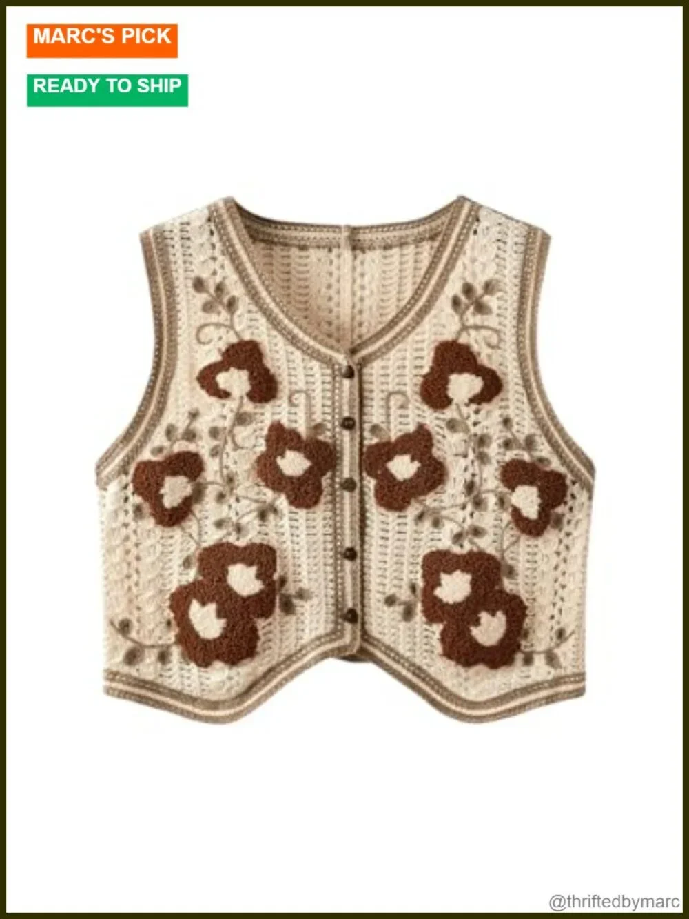 Sleeveless Crochet Sweater Vest Button Front V-Neck Knit